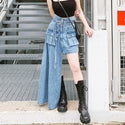 Women Trendy Asymmetrical Skirt Elegant Harajuku High Waist Long Denim Skirts Maxi Jeans Slit Design Street Outfits Stylish Chic