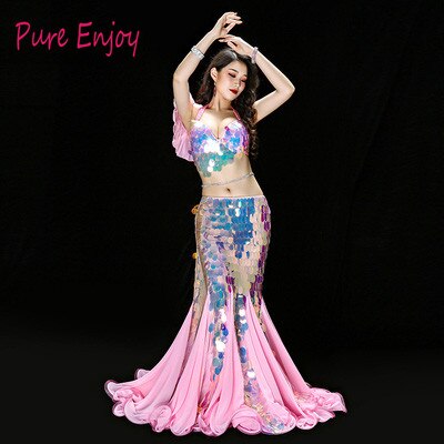 White Pink Princess Fishtail Belly Dance Performance Costume Bling Bling Sequin Shine Team Dance Luxury Outfit Bra Long Skir
