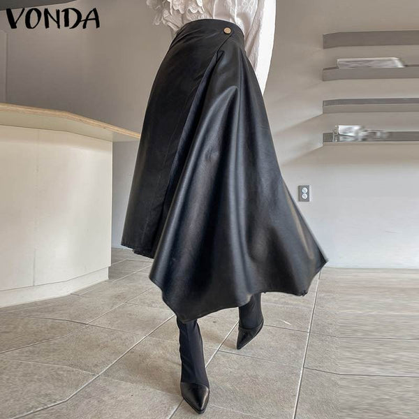 Plus Size Women PU Maxi Skirts 2021 VONDA Sexy Office Ladies High Waist Solid Color Casual Irregular Long Skirt OL Skirs