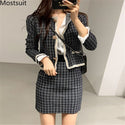 Plaid Knitted 2 Piece Skirt Suits Sets Women Long Sleeve Coat + Mini Pencil Skir Suits Outfits Office Fashion Vintage 2 Pcs Sets