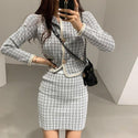 Plaid Knitted 2 Piece Skirt Suits Sets Women Long Sleeve Coat + Mini Pencil Skir Suits Outfits Office Fashion Vintage 2 Pcs Sets