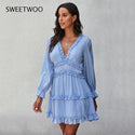 Spring and Autumn New Sexy Deep V Dress Women's Pure Color Flounces Knee-Length Skir Dresses