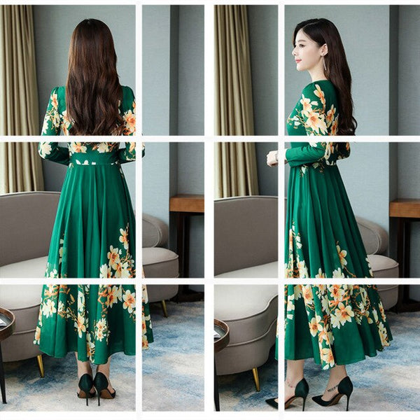 Hot Selling Online Celebrity 2019 New Style WOMEN'S Dress Popular Early Autumn Elegant Long-sleeved Dress Mid-length Floral Skir