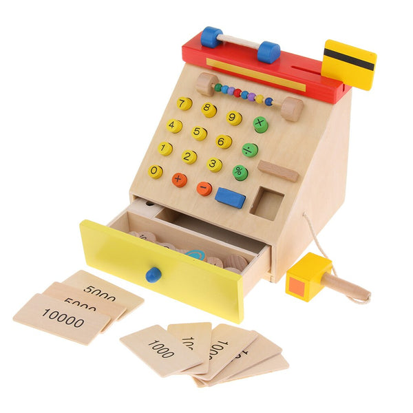 Fun Cash Register - Wooden Educational Toy With Play Coins Credit Cards Supermarket Shopping Checkout Money & Banking Games