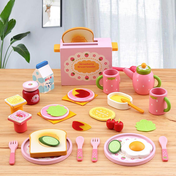 32PCS  Kitchen Play House Toy Set Simulation Wooden Food Toaster Milk Cutlery Pretend Mold Game for Girl Children Kids