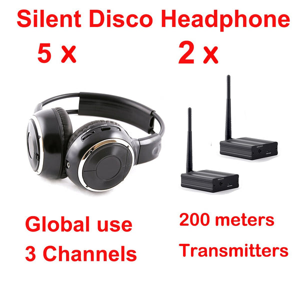 RF Silent Disco Foldable Wireless Headphone Package  for Party Meeting DJ Film --5 Pcs with2 Transmitters