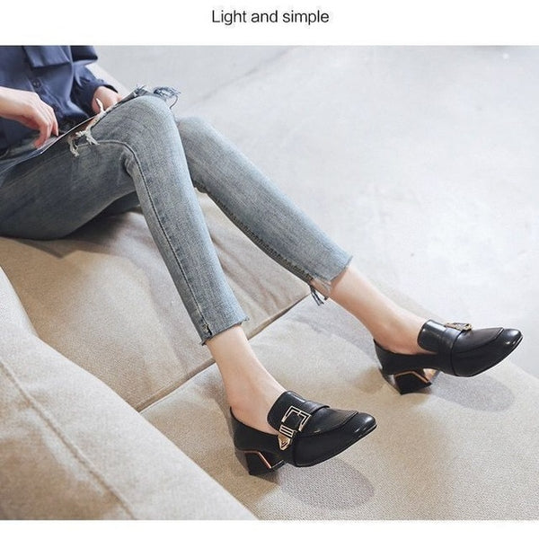 2021 New Square Heel Loafers All-match Buckle British Ladies High Heels Soft Sole Work Shoes