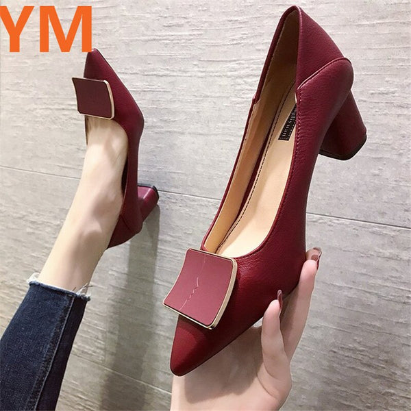 Spring Wine Red Work Shoes Pointed Toe Pumps Chunky Heels Sexy Professional Women's Single Shoes Classic High Heels Womens Shoes