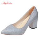Aphixta Pointed Toe Shoes Women Pumps 7.5cm Career Square Heels Bling Fashion Work Office Party Shoes Super Big Size 49 50