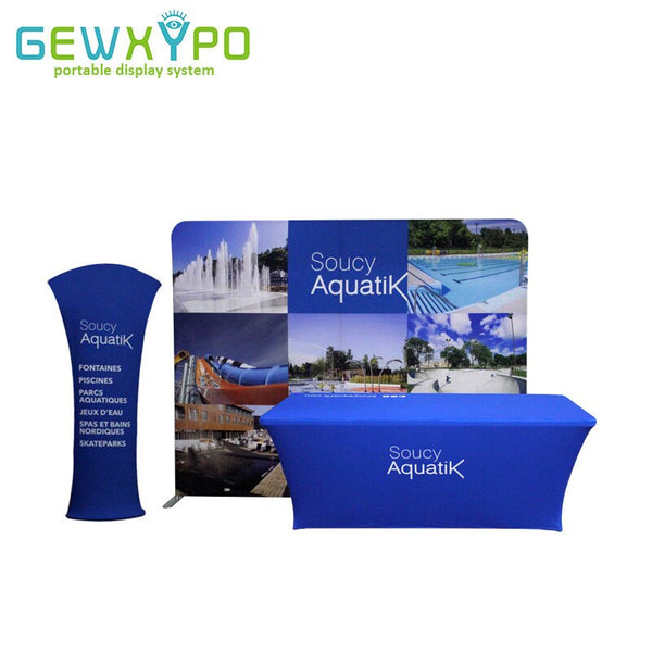Expo Booth 10ft Pillow Case Style Straight Backdrop Display Wall With 6ft Spandex Table Cover Printing And Tower Banner Stand