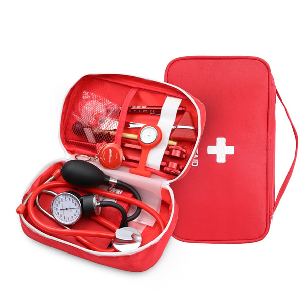 Classic Red Medical Kit Health Bag Pouch Set with Stethoscope Manometer Tuning Fork Reflex Hammer LED First Aid Penlight Torch