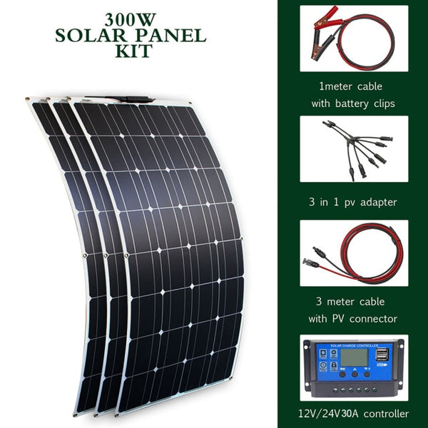 solar panel kit and 300w 200w 100w flexible solar panels 12v 24v high efficiency battery charger module