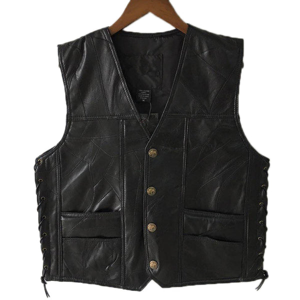 1PCS Punk Biker Vest Lace Button Autumn Sleeveless Jacket For Men Black Leather Polyester Motorcycle Vest For Men