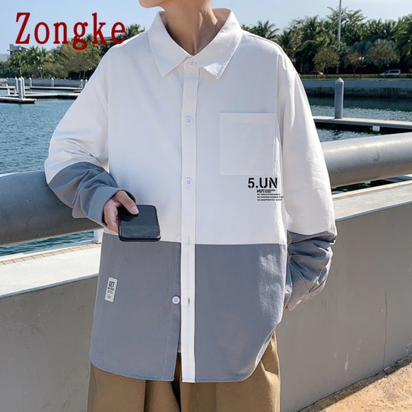 Zongke Patchwork Casual Shirts For Men Clothing Button Up Shirt Men Korean Fashion Men Shirts Clothes M-4XL 2022 New Arrival