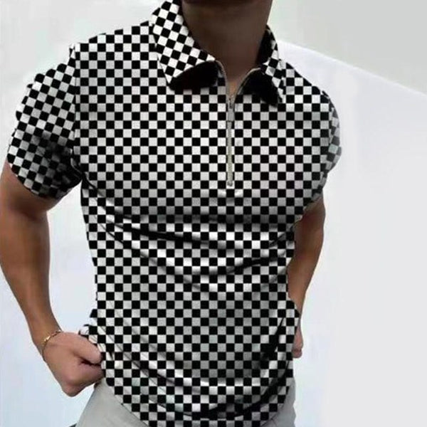 Man Polo Shirt Mens Casual Plaid Zip Lapel Cotton Polo shirt Men Short Sleeve Top Quality polo men Luxury Temperament