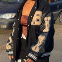 Women Leather Baseball Jacket Harajuku Bone Letter Varsity Bomber Jackets Hip Hop Streetwear Men College Breasted Coats Unisex