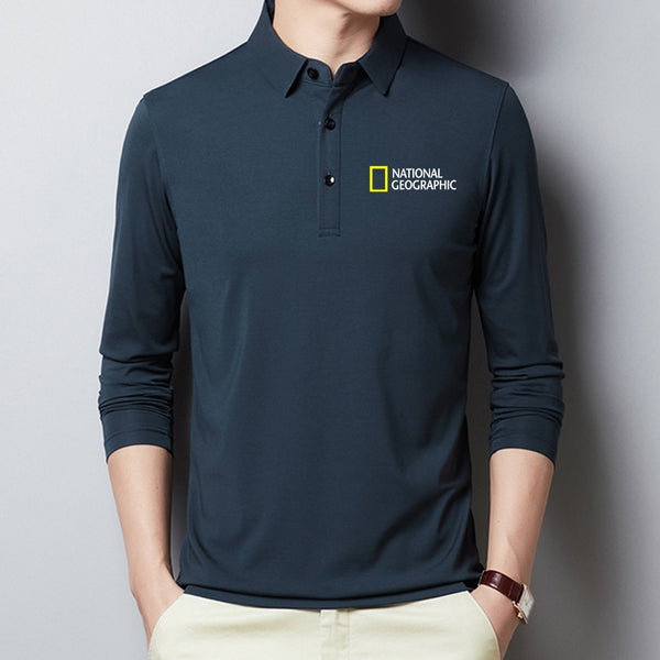 National Geographic High Quality Polo Shirt Men Long Sleeve Turn Down Collar Neck Regular Fit Thermal Sports Shirt Pullover