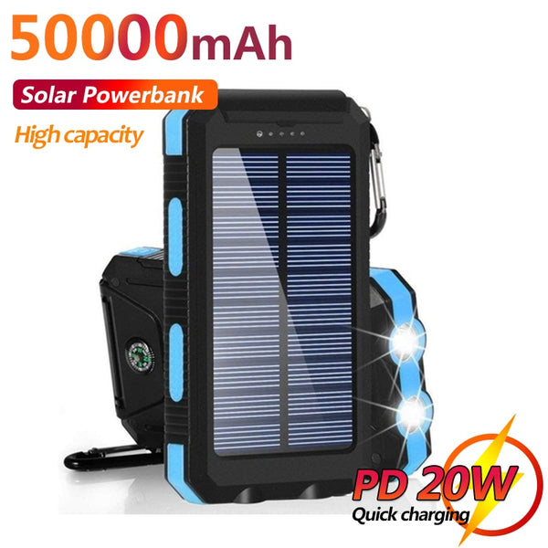 Solar Power Bank 50000mAh Waterproof Portable External Battery with SOS LED Light Travel Powerbank for Samsung Xiaomi Iphone