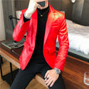 Men's Faux Leather Suit Jacket Men Korean Clothing One Button Casual Slim Fit Blazer White Black Red Singer Stage Blezer Coat