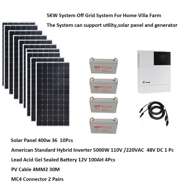 Solar Kit Complete With Mount 5000W 220v 120V Pv Panel 400W MPPT Contoller Hybrid Inverter Battery Home Solar System Off Grid