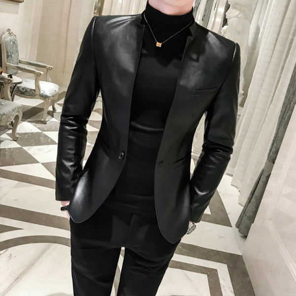 Men Suit Black Slim Fit Blazer Hombre PU Leather Jacket Male One Button Business Casual Prom Korean Suit Coat