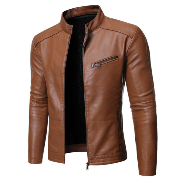2021 new European and American men's jacket motorcycle leather jacket stand collar solid color men's washed leather jacket
