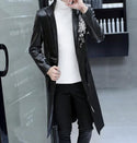2022 Spring White Long Leather Jackets Mens Leather Trench Coats Stylish Overcoats Stand Collar Steampunk Fashionable Black Slim