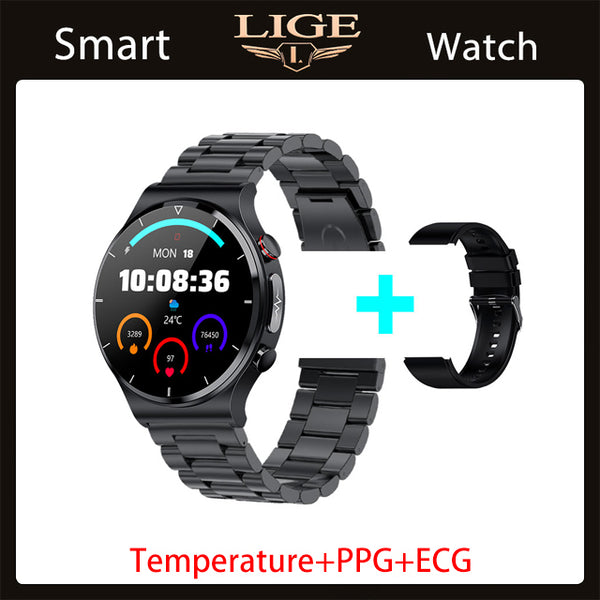 LIGE Smart Watch Men Full Touch Screen Sports Fitness Temperature Heart Rate Blood Pressure Monitoring PPG+ECG Men Smart Watches