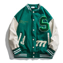 High Street Baseball Jacket Men PU Leather Splice Towel Embroidery Varsity Jackets Vintage Loose Causal Coat Couple Green Jacket