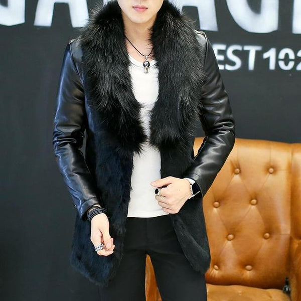 Big Fur Collar Long Leather Trench Coats For Mens White Luxury Velvet Winter Leather Jackets Stylish Slim Fit Padded Coats Black