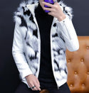 Big Fur Collar Long Leather Trench Coats For Mens White Luxury Velvet Winter Leather Jackets Stylish Slim Fit Padded Coats Black