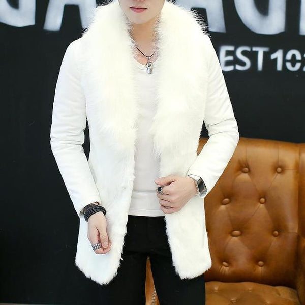 Big Fur Collar Long Leather Trench Coats For Mens White Luxury Velvet Winter Leather Jackets Stylish Slim Fit Padded Coats Black