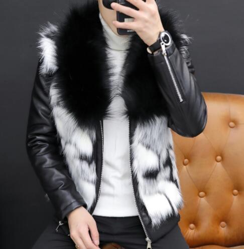 Big Fur Collar Long Leather Trench Coats For Mens White Luxury Velvet Winter Leather Jackets Stylish Slim Fit Padded Coats Black