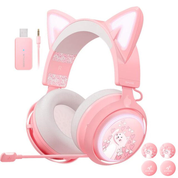 SOMiC GS510 2.4G Wireless Cat Ear Pink Headphones With 4 Covers Games/Video/Live 3 Modes Headset for PS5/PS4/PC Retractable Mic