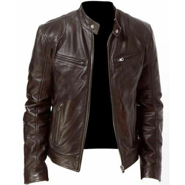 2022 Autumn Male Leather Jacket  Black Brown Mens Stand Collar Coats Leather Biker Jackets  Motorcycle Leather Jacket