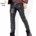Fashion Mens New Punk Trousers Skinny Genuine Leather Joggers For Men Zipper Straight Pants Plus Size
