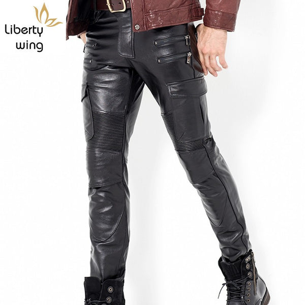 Fashion Mens New Punk Trousers Skinny Genuine Leather Joggers For Men Zipper Straight Pants Plus Size