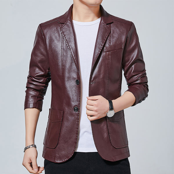 2022 Fashion New Men's Casual Boutique Suit Leather Jacket / Male Solid Color Business Collar PU Blazers Long Sleeve Dress Coat