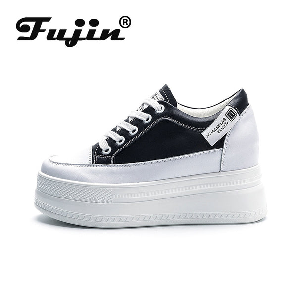 Fujin 8cm Platform Wedge Sneakers White Shoes Genuine Leather Lace Up Spring Autumn Shoes Summer Women Breathable Comfy Shoes
