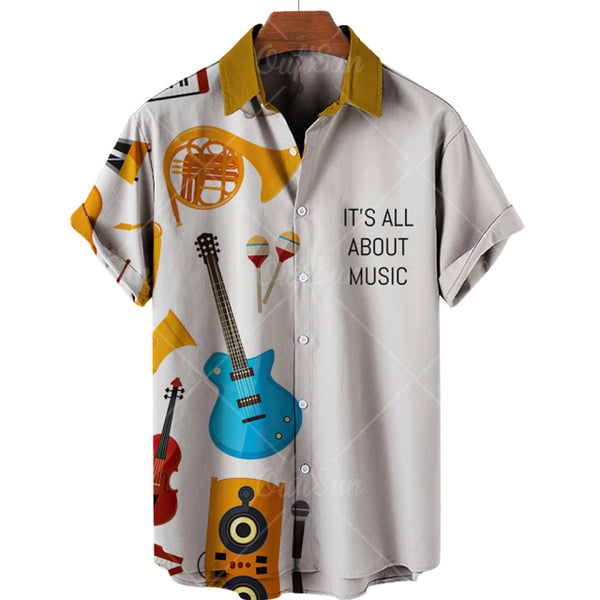Men's Hawaiian Shirts Casual Button Down Musical Instruments 3D Print Loose Short-sleeve Beach Blouses Tops Camicias EU Size 5XL