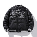 2021 New High street Winter PU Leather Coat Men's Loose Jacket Y2K Hip-hop Baseball Uniform Black White Bomber warm Down-jacket