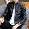 New Men's PU Leather Short Jacket Motor Casual Long Sleeve Coat Black White Stand Collar Cool Outside J88