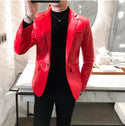 New Autumn Faux PU Leather Suit Jacket Men Korean Trendy Slim Fit White Red Black Fashion Streetwear Blazer Coat Male