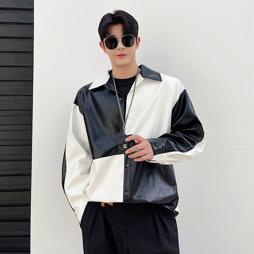 Black White Checkerboard Plaid Shirt Men Streetwear Fashion Loose Casual Long Sleeve Vintage Leather Shirt Jacket Tops Male Coat