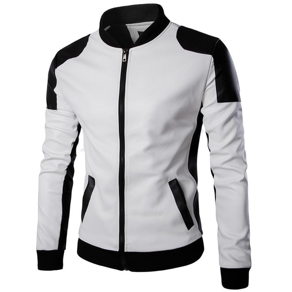 Men's Autumn Stand Collar Jacket Black White Waterproof Stitching Racing Coat PU Leather Jacket Plus Size 5XL