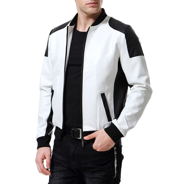 2022 Autumn New Casual Men's Leather Clothing with Stand Collar Youth Black and White Color PU Leather Jacket
