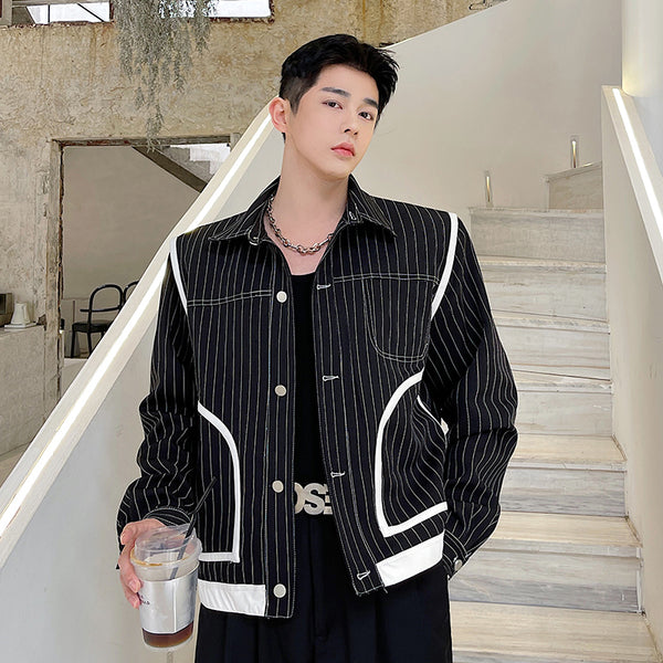 2021 Autumn Korean black white striped PU leather matching denim jacket korean trnecasual lapel short coat vintage