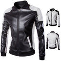 Spring Autumn Men's Stand-Up Collar Pilot Bomber PU Leather Jacket Black White Stitching Large Size Faux Leather Motorcycle Coat