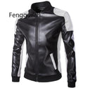 Autumn Men Leather Jacket Fashion Black White Patchwork Windproof PU Jacket Casual Men Stand Collar Zipper Bomber Coat Outerwear