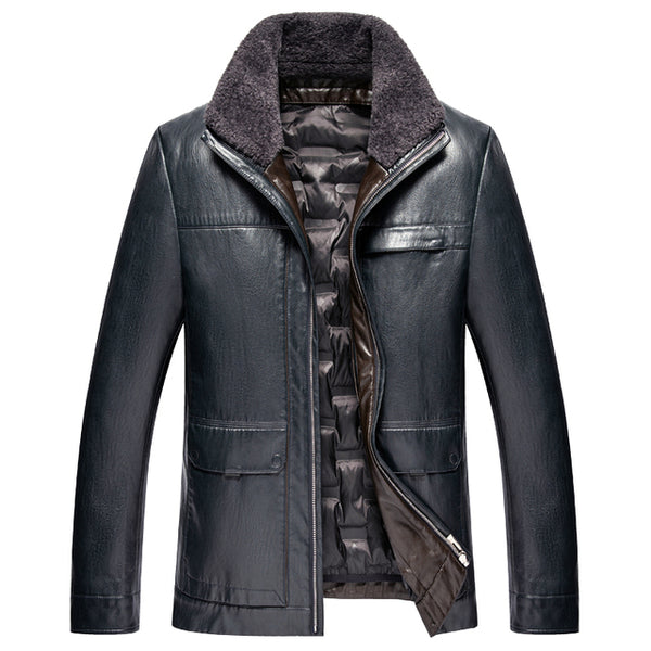 2021 Men's Leather Jacket Winter Warm Fur Collar 90% White Duck Down Casual Jackets Men Leather Black/Blue, Big M-4XL